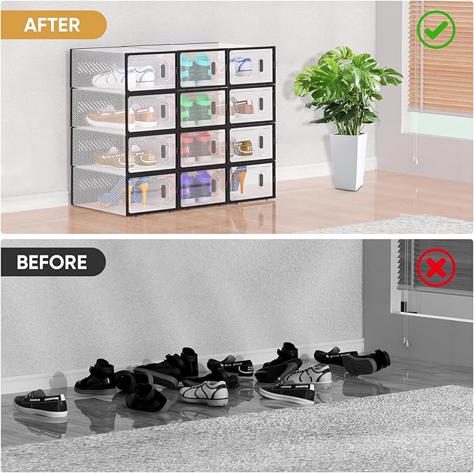 BALEINE 3 Pack Stackable Shoe Storage Boxes Fit Size 9, Thickened Clear Shoe Box Bins with Lids, Plastic Foldable Shoe Rack Organizer Sneaker Storage Containers (Large, White)