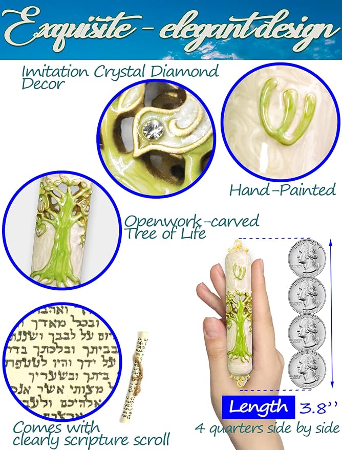 Exquisite Enamel Design Mezuzah with Scroll, Easy Install Use Double-Sided Tape, Tree of Life Theme Mezuzah for Door with Crystal Diamond Accent for Any Memorable Jewish Occasions, 3.8”