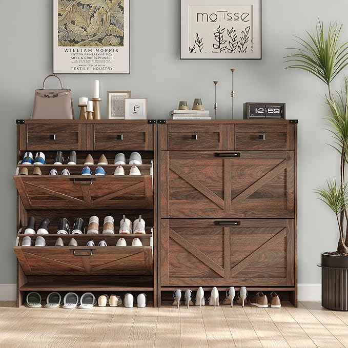 Shoe Cabinet with 2 Flip Drawers & 2 Drawers,Farmhouse Shoe Storage Cabinet for Entryway,Slim Freestanding Narrow Organizer Rack for Front Door Entrance,Dark Walnut