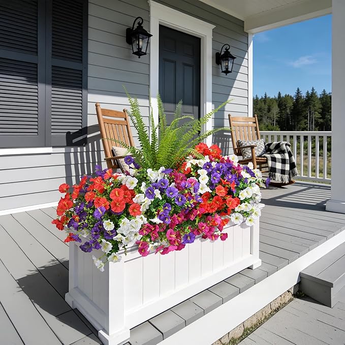 Artificial Flowers for Outdoors Faux Plants Outside Indoor,UV Resistant Silk Fake Petunia Tall Ferns for Home Patio Garden Back Yard Front Poch Decor Spring Summer(13 Bunchs,4 Multi Colors)