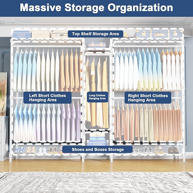 Ulif E12 Max Clothes Rack，Heavy Duty Freestanding Garment Rack with Shelves，Metal Clothing Closet Storage System for Hanging Clothes，83" W x 16" D x 76.5" H, Hold 1060 lbs，White