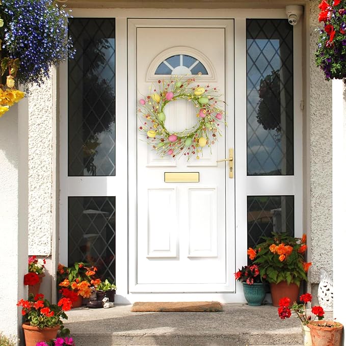 WreathDream Easter Wreaths for Front Door Easter Egg Wreath with Colorful Eggs,Berry for Front Door Indoor Outdoor Party Home Wall Window Festival Decoration