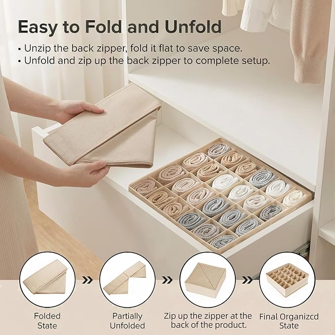 Beige 24 Grid 3 Pack Foldable Underwear Sock Storage Organizer, Non-Woven Fabric Closet Drawer Divider Bins for Socks, Ties, Baby Clothes, Dresser & Wardrobe Organization Boxes (Beige 3 Pack)