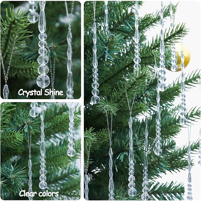 12pcs Crystal Icicle Christmas Tree Ornaments, Glass Beads Hanging Chandelier Pendants for Christmas Party Wedding Winter Decorations (White Clear)