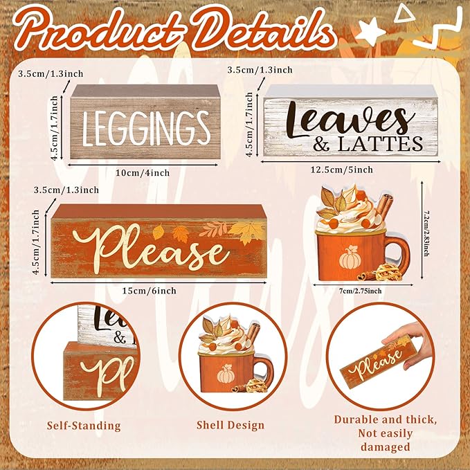 Lineshading 4 Pcs Fall Coffee Table Decor Fall Decoration for Home Wooden Stacked Block with Pumpkin Latte Topper Rustic Thanksgiving Tiered Tray Decor for Harvest Party Home Kitchen Coffee Bar Shelf