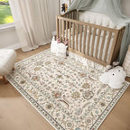 Washable 4x6 Rugs for Living Room, Boho Non-Slip Vintage Distress Small Rugs for Bedroom Nursery Office, 0.3" Neutral Oriental Throw Thin Carpet with Cushioning Pad, Beige/Rust/Green/Multi