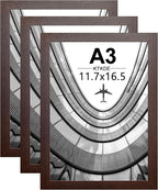 KTKDE A3 Poster Frame Set of 3,Picture Frame Walnut Wooden -11.7x16.5in - Photo Frame,Certificate Frame with Plexiglass for Wall Mount or Table Top Display
