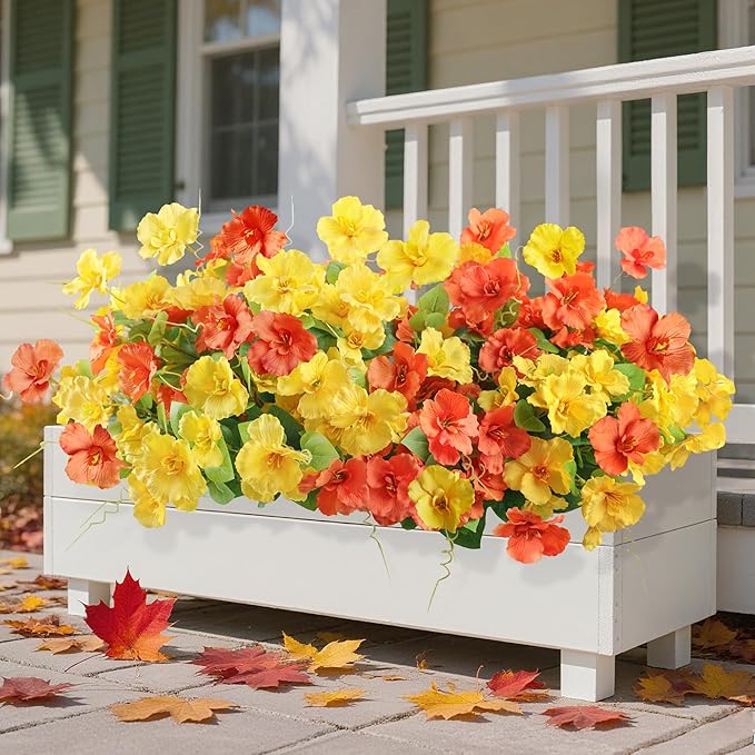 Fake Hibiscus Artificial Flowers for Outdoors Spring Summer Decoration, 6 Bundles Silk Hibiscus Flowers Bouquet UV Resistant Look Real Faux Plants for Outside Planter Front Door Porch Balcony, 2MixHC