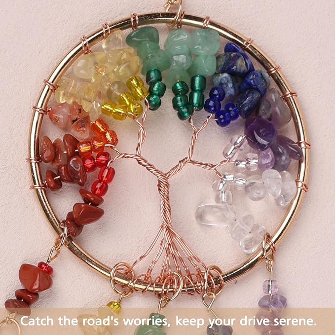 Pretty Jolly Small Tree of Life Crystal Stone Dream Catchers Rainbow Feathers Mini Dreamcatchers for Cars Rear View Mirror Hanging Decoration Good Luck Travel Charm Bedroom Ornaments for Women Girls