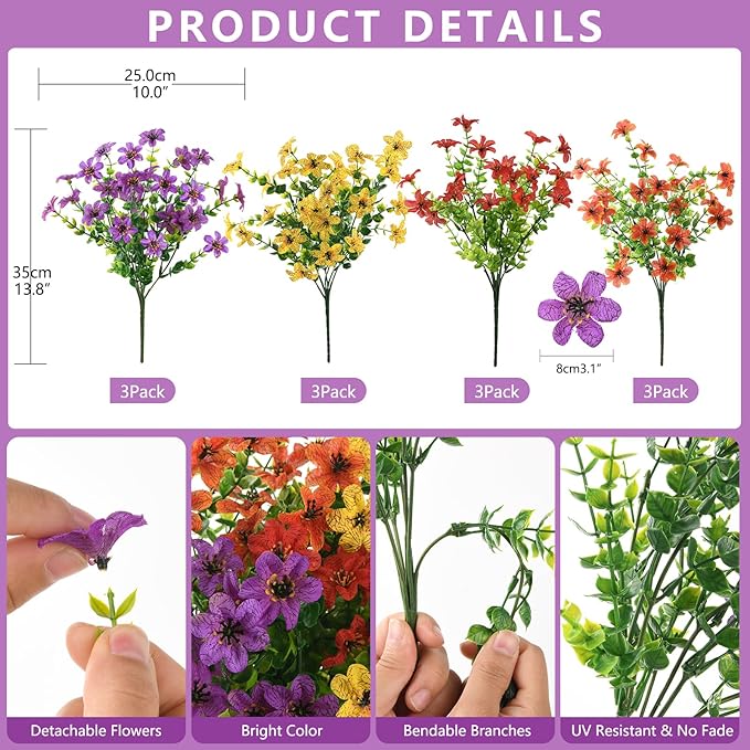 Artificial Flowers for Outdoors, 12 Bundles Multicolor Faux Silk Flower Spring Summer Decoration, Artificial Plants Fake Outdoor Flowers UV Resistant No Fade for Home Planter Porch Patio Yard Decor