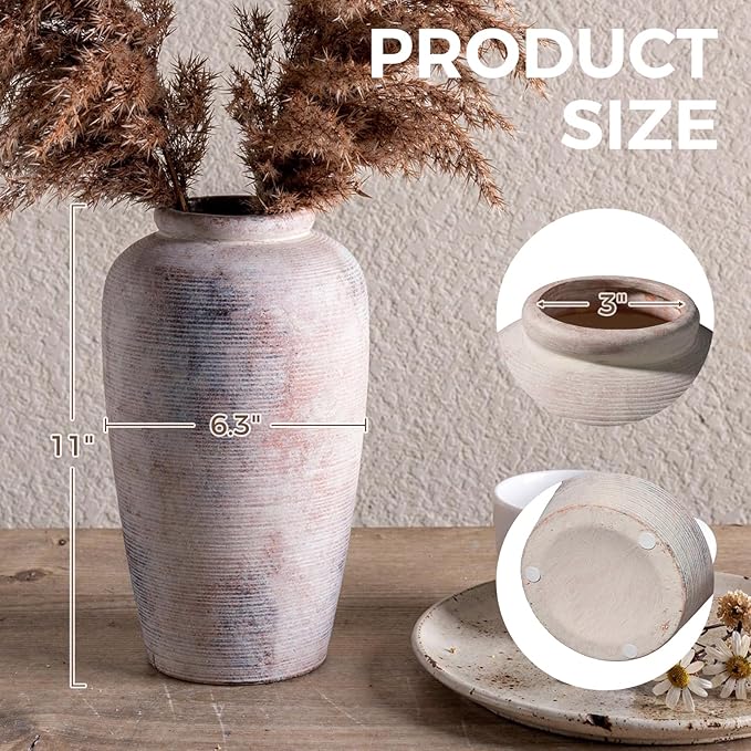 Rustic Distressed Ceramic Threaded Vase, 11" H Handmade Wabi Sabi Decor Vase (Antique Terracotta with Lime White & Distressed Black Patches) for Living Room Table Centerpieces, Entryway & Fireplace