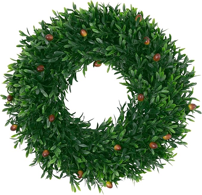 U'Artlines 17" Spring Summer Wreath for Door Green Boxwood Wreath Greenery Hanging Garland for Home Wedding Wall Window Decoration Green＆Brown