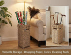 Woven Umbrella Stand for Entryway, PE Rattan Umbrella Holder Basket with Removable Drip Tray, Scalloped Square Cane Stand for Umbrellas, Walking Sticks, Wrapping Paper, Farmhouse Porch Decor, 16.5"