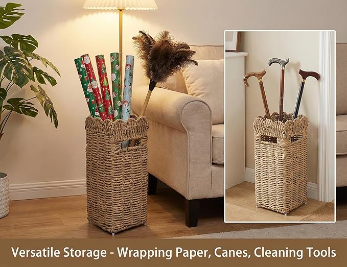 Woven Umbrella Stand for Entryway, PE Rattan Umbrella Holder Basket with Removable Drip Tray, Scalloped Square Cane Stand for Umbrellas, Walking Sticks, Wrapping Paper, Farmhouse Porch Decor, 16.5"
