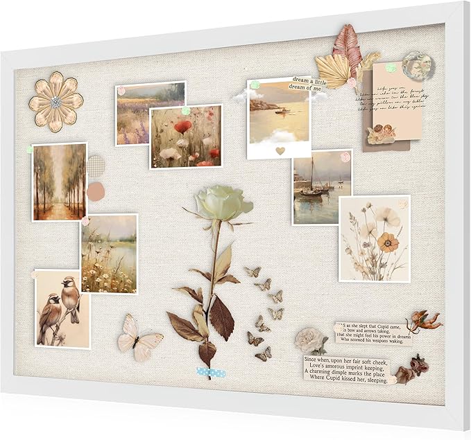 AKTOP White Cork Bulletin Board with Linen 20" X 30", Large Framed Corkboard for Wall, Hanging Pin Board Picture Board for Home Office Decor, Cute Vision Board with Pushpins