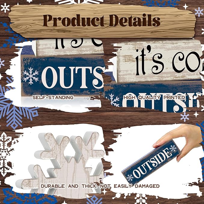 Moucuny 4 Pcs Christmas Table Decoration Winter Wooden Stacked Block, Baby It's Cold Outside Signs with Snowflake Topper, Rustic Christmas Tiered Tray Decor Snowflake Decor for Home Office Shelf