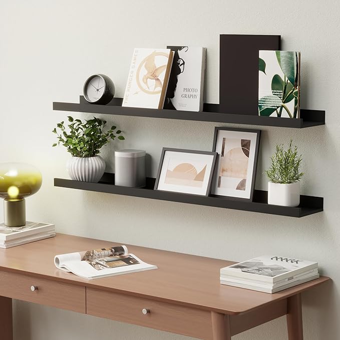 Boswillon 35.4 Inches Long Floating Shelves Wall Mounted, 2 Set Modern Black Wall Shelf for Bedroom, Nursery Book Shelf with Lip, Picture Ledge Shelf for Decor Living Room Bathroom Kitchen- Black