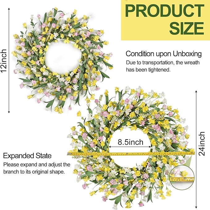 Artgar Front Door Wreath 24 Inch Spring/Summer Wreaths for Front Door, Front Door Wreaths for All Seasons for Indoor Outdoor Home Office Wall Window Wedding Farmhouse Holiday Decor (Yellow)
