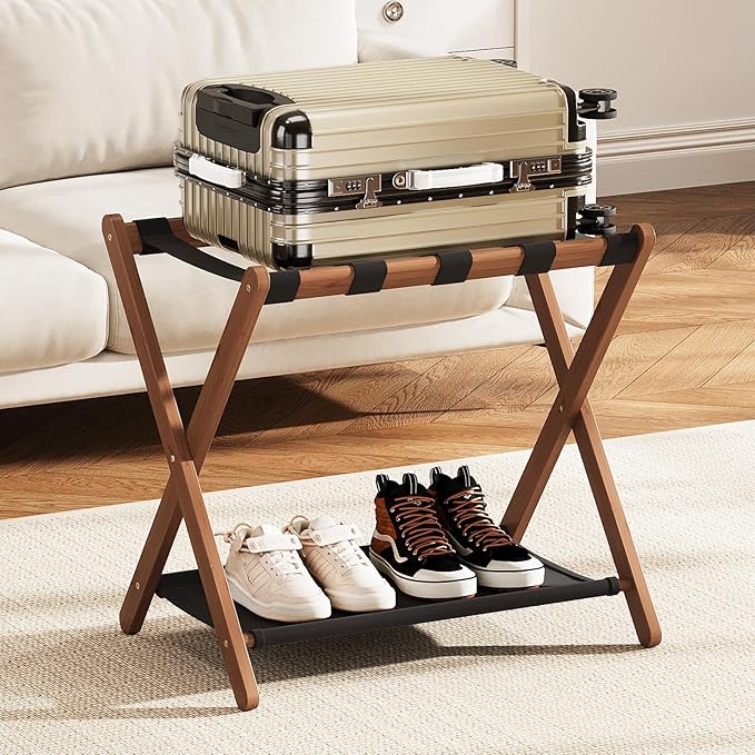 Fully Assembled Luggage Rack, Walnut Luggage Rack for Guest Room, Bamboo Folding Suitcase Stand with Storage Shelf, 5 Nylon Straps, Luggage Holder for Bedroom Hotel, 26.77"W x 16.93"D x 22.5"H, 1 Pack