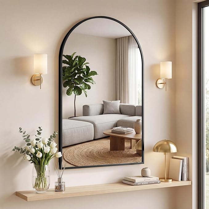 DUMOS Black Metal Arch Vanity Rounded Rectangle Bathroom Mirrors for Over Sink Wall, 27x38 Inch Large Matte Mirror, Modern Decorative for Restroom, Farmhouse