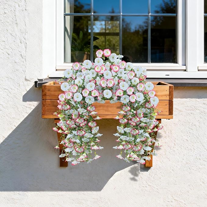 Artificial Hanging Flowers for Outdoors, 2 PCS UV Resistant Faux Silk 150 Morning Glory Each Trailing Vines, Fake Plants for Spring Outdoor Garden Planter Porch Patio Decoration, Blue & White