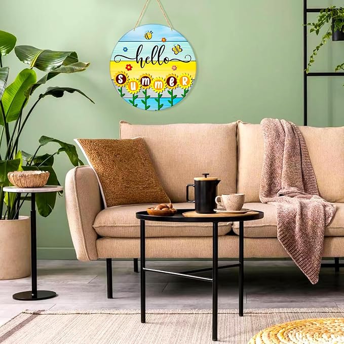 JUESMOS Hello Summer Door Decorations 11.5" Round Sunflowers Welcome Sign for Front Door Decor Farmhouse Hello Summer Hanger Sign for Porch Wreaths Home Office Wall Decorations