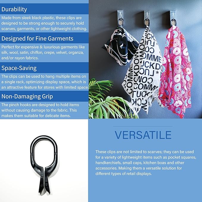 Black Scarf Clip Hangers for Retail, Economic Plastic Fine Garment Pinch Hooks, 100 Pack