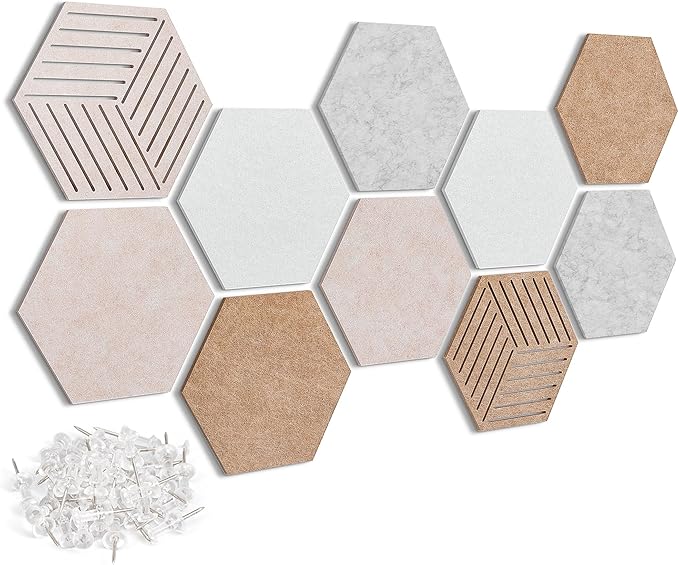 10 Pack Hexagon Cork Board Tiles Alternative, 12'' Fully Self-Adhesive Modern Felt Bulletin for Wall Decor, Frameless Pin Board for Office, Renter-Friendly Decorative Hexagon Corkboard with 30 Pins