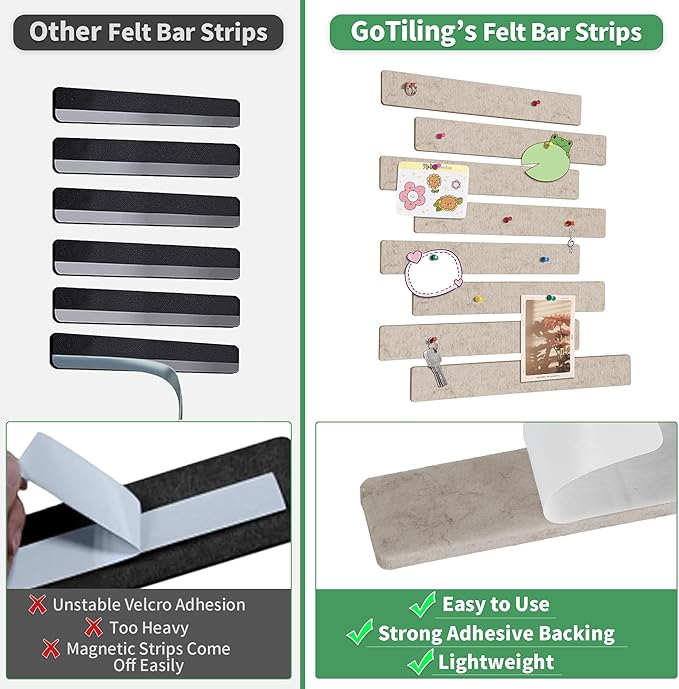Cork Board for Walls - 8 Pack Felt Pin Board Bar Strips - Self-Adhesive Lightweight Bulletin Board - Cork Board for Office with 40 Push Pins No Damage for Wall (Light Coffee)