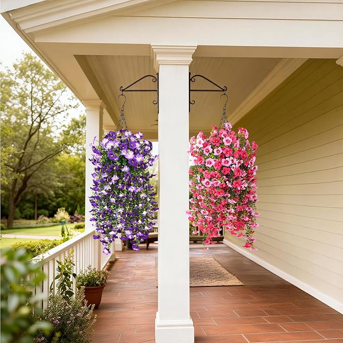 Artificial Hanging Flowers Plants for Outdoor Spring Summer Decoration, 2PCS Faux Silk Morning glory UV Resistant Look Real for Outside Home Indoor Planter Porch Garden Yard Decor(Dark Orchid)