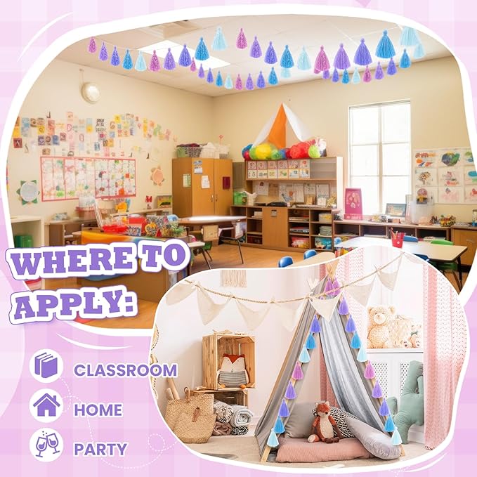 WILLBOND 4 Pieces Valentine's Day Tassel Garland for Classroom Wall Decor Boho Pastel Garland Cotton Tassel Banners for Party School(3.1 Inch,Purple Colors)