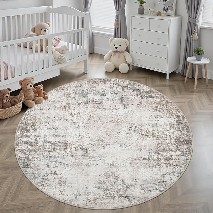 Round Area Rug for Living Room: 4 ft Washable Modern Abstract Soft Thin Rug Indoor Floor No Slip Stain Resistant Carpet for Bedroom Dining Room Farmhouse Nursery Home Office - Brown Grey