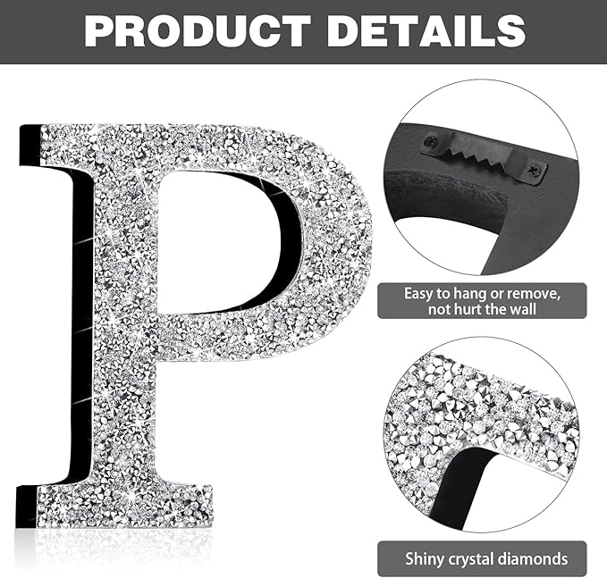 Qunclay 12'' Silver Crystal Diamond Bling Letters Crushed Diamond Decoration Wooden Glitter Letter with Screw and Hooks Rhinestone Gift for Wedding Y2k Mcbling Bedroom Wall Decor (Letter P)