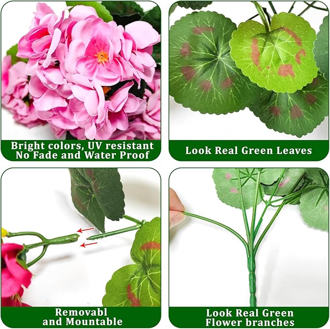 Artificial Geraniums Flowers for Outdoors Spring Decor, 8 Bundles UV Resistant Fake Geraniums Flowers Silk Faux Plants for Home Planter Gardens Table Patio Porch Indoor Summer Cemetery Decor(Color)