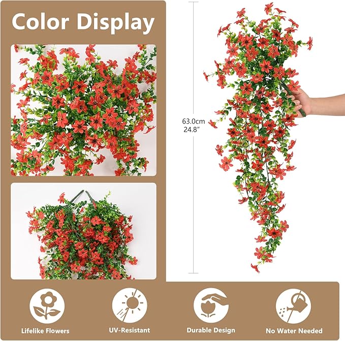 Artificial Hanging Flowers for Outdoors, 2 Pcs Fake Hanging Plant Spring Summer Decor, UV Resistant No Fade Realistic Faux Flower for Front Door Porch Planter Patio Garden Yard (Red)