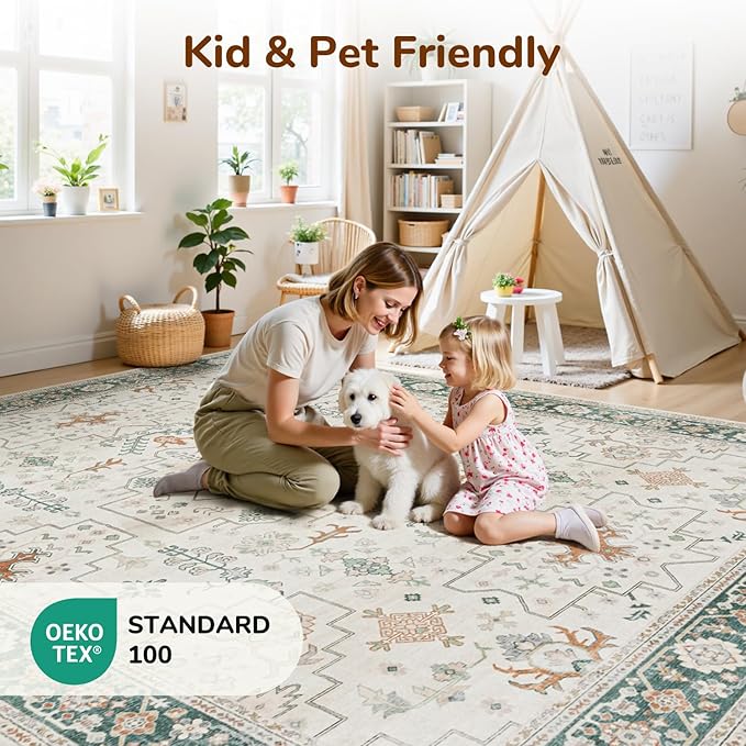 Lessymo 8x10 Washable Rug for Living Room, Cream Green Area Rug for Bedroom Dining Home Office Nursery Room, Soft Non-Slip Vintage Floral Oushak Carpet, Boho Tribal Farmhouse Decor