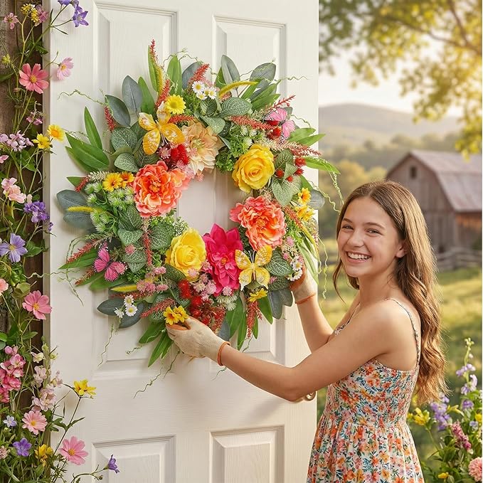 ChrisXiao Spring Wreaths for Front Door 24 Inch Artificial Butterfly Wreath with Butterfly, Peony, Dahlia,for Porch, Entryway, Mantel, Wall, Patio & Decor Year Round Indoor Outdoor for Summer Wreath