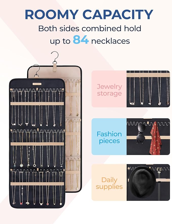 BAGSMART Hanging Necklaces Organizer Jewelry Holder Storage Roll with Hanger Metal Hooks Double-Sided Jewelry Organizer for Necklaces, Bracelets on Closet, Wall, Door, 1 piece, Large Black