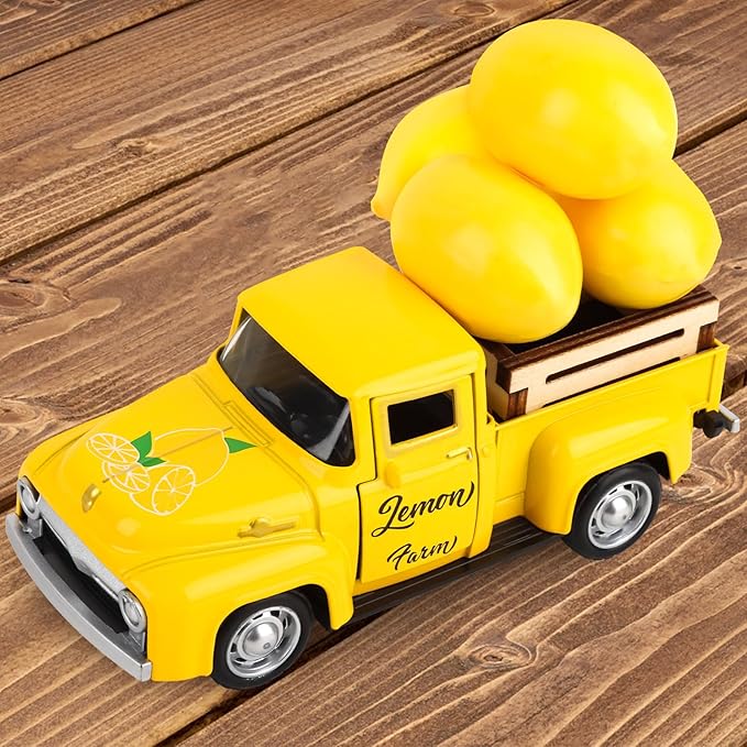 Lemon Metal Truck Lemon Home Kitchen Decorations with 4 Pcs Plastic Lemons Vintage Farmhouse Tabletop Tiered Tray Decor for Summer Home Kitchen Mantel Shelf Bookshelf Mini Truck Decorations