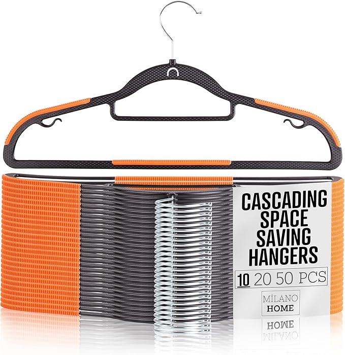 Plastic Hangers 10 Pack, Cascading Slim Space Saving Clothing Hangers with 360° Rotating Hook, Non Slip Clothes Hangers for Sweater Shirt, Heavy Duty Coat Hanger with Inner Hook for Closet, Black