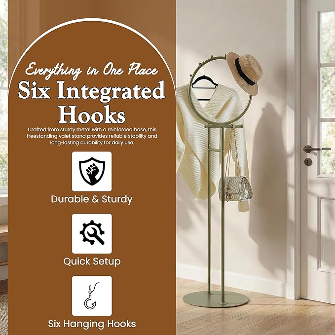 Kings Brand Furniture Cheska Suit Valet Stand with Circular Frame - Tie Jacket Clothes Hooks, Freestanding Clothing Organizer, Lemon Pepper