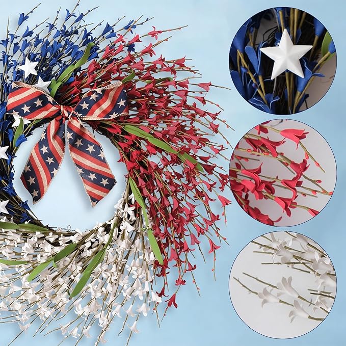 22 Inch Large Patriotic Wreath with Flag Bow, Red White Blue Forsythia Flowers & White Stars, Memorial Day 4th of July Front Door Decor