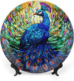 Decorative Plates, Colorful Peacock Stained Glass Design Ceramic Dinner Plate Home Wobble-Plate with Display Stand, Wall Hanging Decor for Kitchen Household 8 Inch, Gifts for Peacocks Lover
