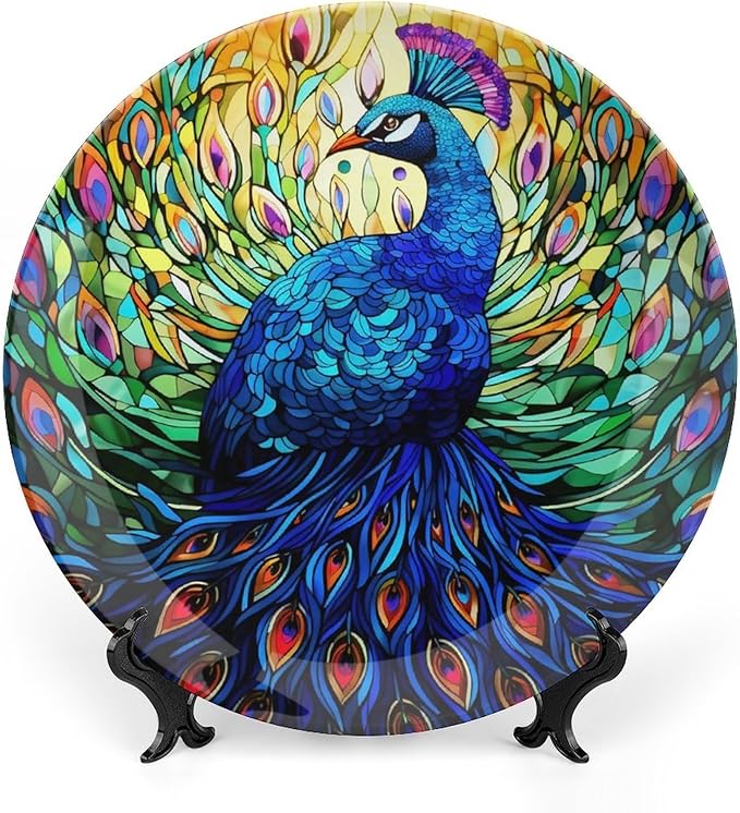 Decorative Plates, Colorful Peacock Stained Glass Design Ceramic Dinner Plate Home Wobble-Plate with Display Stand, Wall Hanging Decor for Kitchen Household 8 Inch, Gifts for Peacocks Lover
