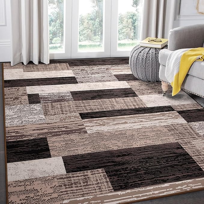 FlyDOIT Modern Geometric Patchwork Area Rug, 8x10 Chocolate Large Rugs for Living Room, Rockwood Collection Indoor Rugs for Bedroom, Throw Carpet Floor Decor for Entryway Dining Room Office Nursery
