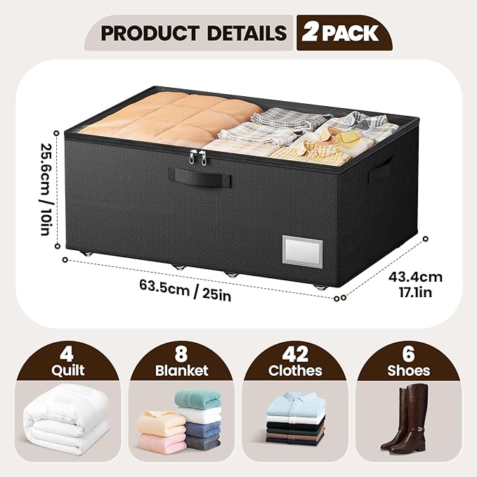 Dayacoco Underbed Storage with Wheels, 2 Pack Under Bed Storage Containers with Clear Lids, No Assembly Required 10.1 inch Rolling Under Bed Storage for Clothes, Blankets