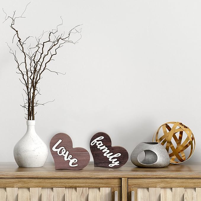 Jetec 2 Pieces Heart Shaped Wooden Decor - Rustic Family Love Table Centerpiece for Home, Living Room, Bedroom, Kitchen, Office - Ideal Housewarming and Wedding Decoration