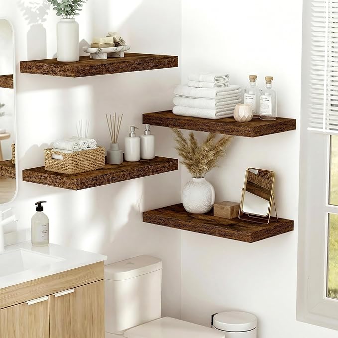 Vivelove 10 Inch Deep Floating Shelves 16 inch Long, 16 x 10 Wide Wall Shelves with Invisible Brackets, for Bedroom Bathroom Living Room Kitchen Office, Farmhouse Home Decor, Set of 2, Rustic Brown
