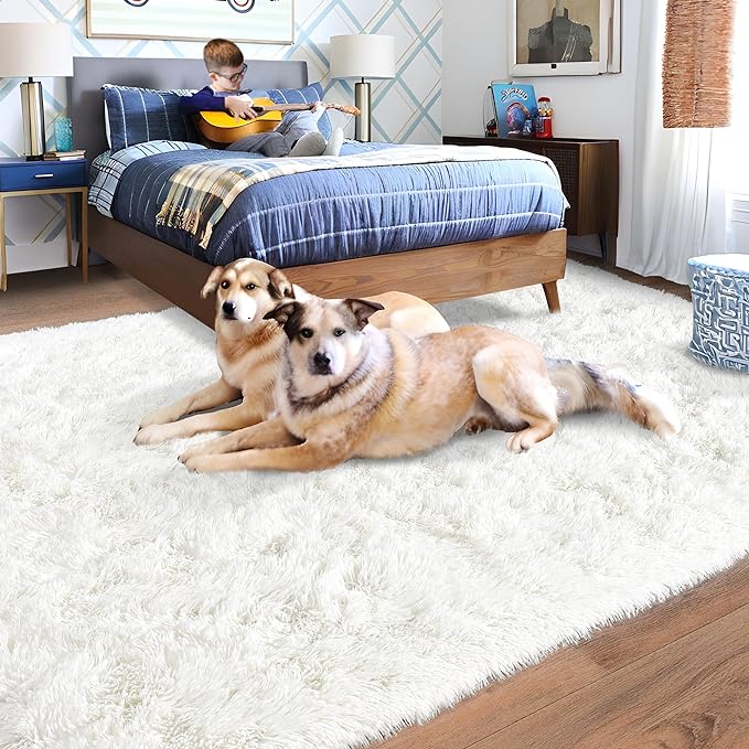 Rugs for Living Room 6x9, Soft Shaggy Modern Shag Area Rug for Bedroom, Upgrade Non-Slip Plush Fluffy Carpet for Kids Boys Girls Room Home Decor Aesthetic, Cream White