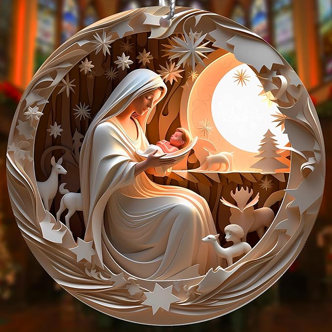 Jabihome Christmas Ornaments 2025, Exchange for Women, Men, Collectible Dated Year Ornaments for Tree, Unique Acrylic Suncatcher, Printed Stained Glass Effect Decor (Moonlit Nativity)